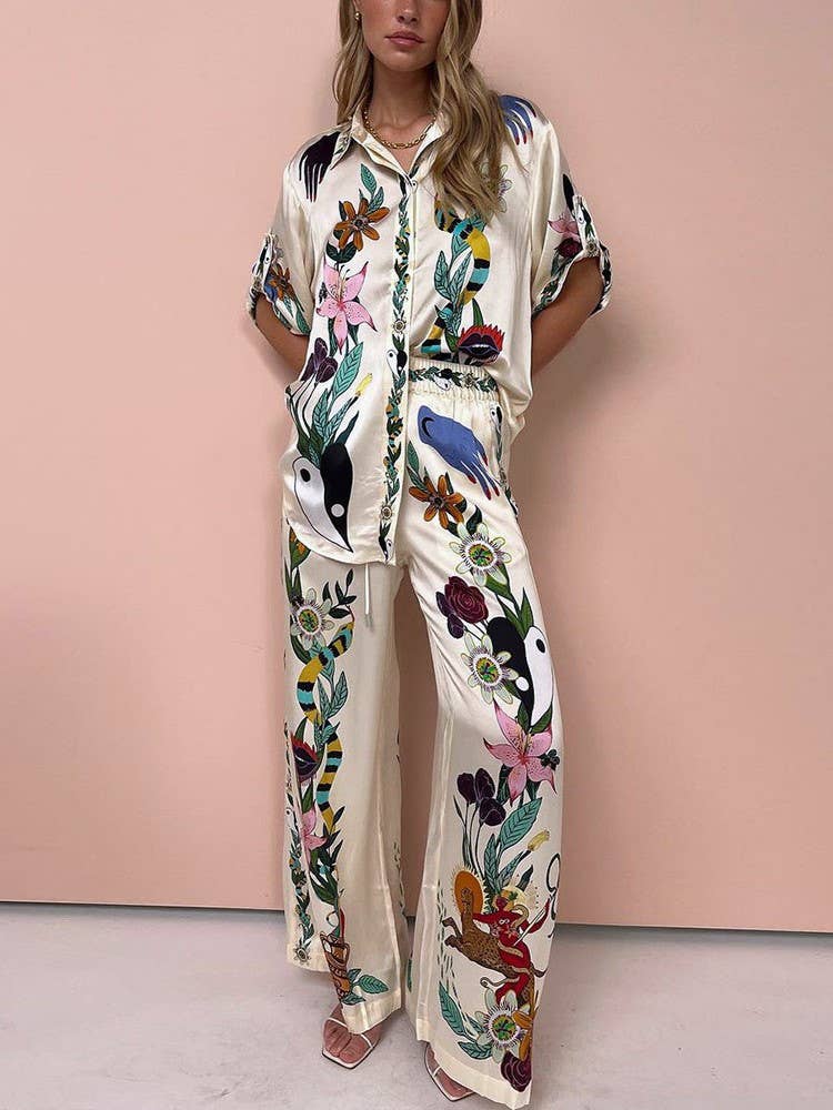 Floral Bird Print Shirt And Trouser Set