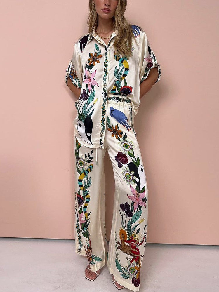 Floral Bird Print Shirt And Trouser Set - view 1