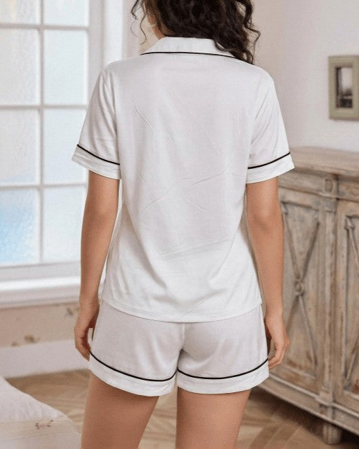 Contrast Piping Short Sleeve Pajama Set - White - 1