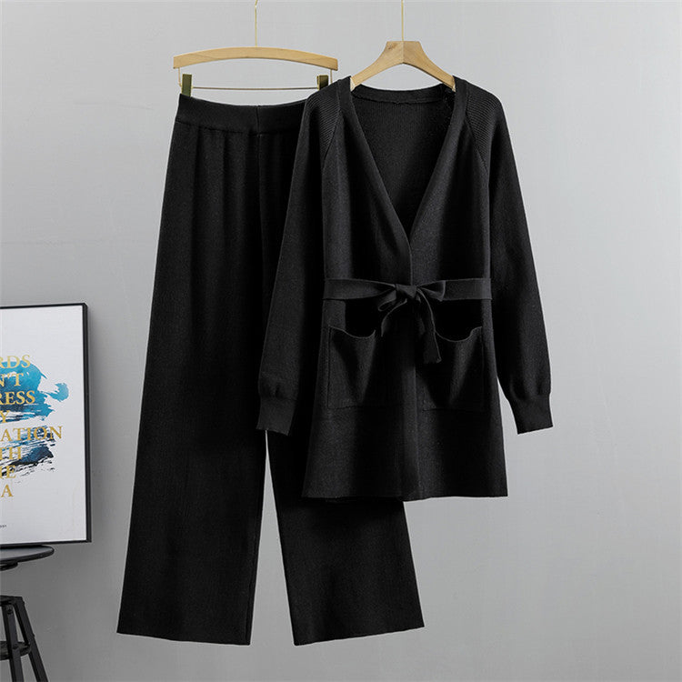 Tie Waist Long Cardigan And Wide Leg Pant Set - Black
