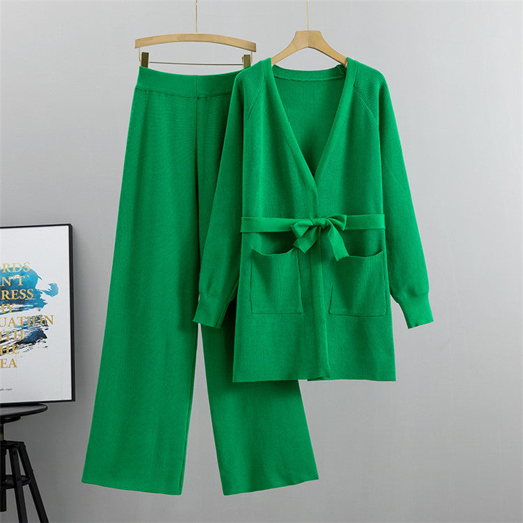 Tie Waist Long Cardigan And Wide Leg Pant Set - Green