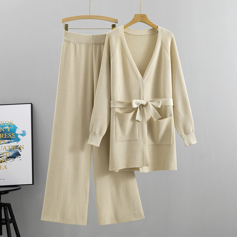 Tie Waist Long Cardigan And Wide Leg Pant Set - Off-White