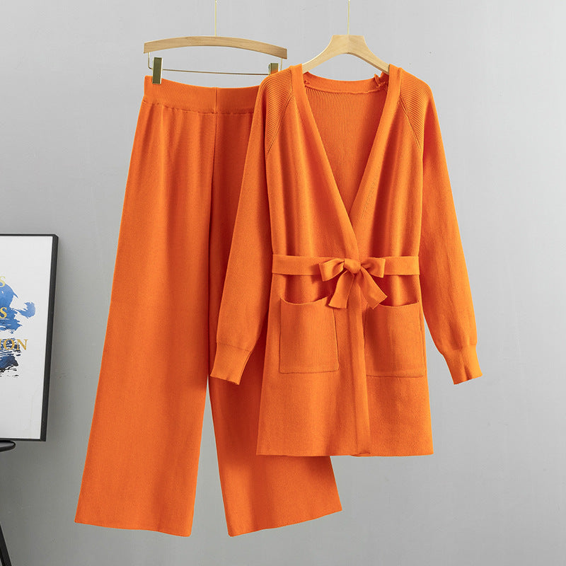 Tie Waist Long Cardigan And Wide Leg Pant Set - Orange
