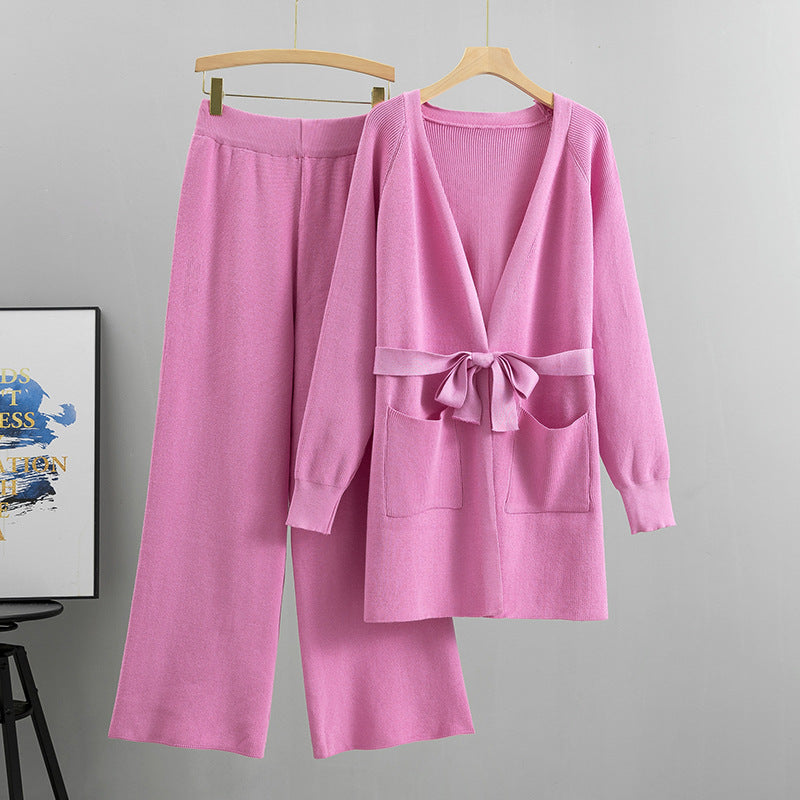 Tie Waist Long Cardigan And Wide Leg Pant Set - Pink