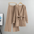 Tie Waist Long Cardigan And Wide Leg Pant Set - Tan