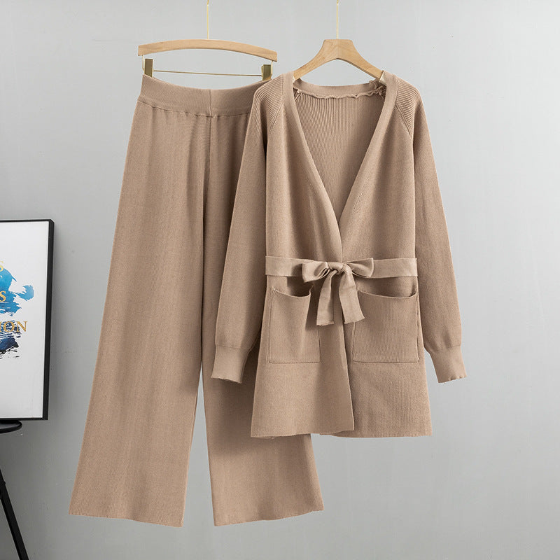 Tie Waist Long Cardigan And Wide Leg Pant Set - Tan