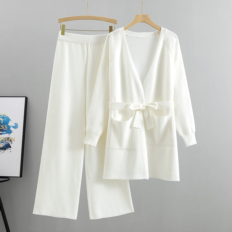 Tie Waist Long Cardigan And Wide Leg Pant Set - White