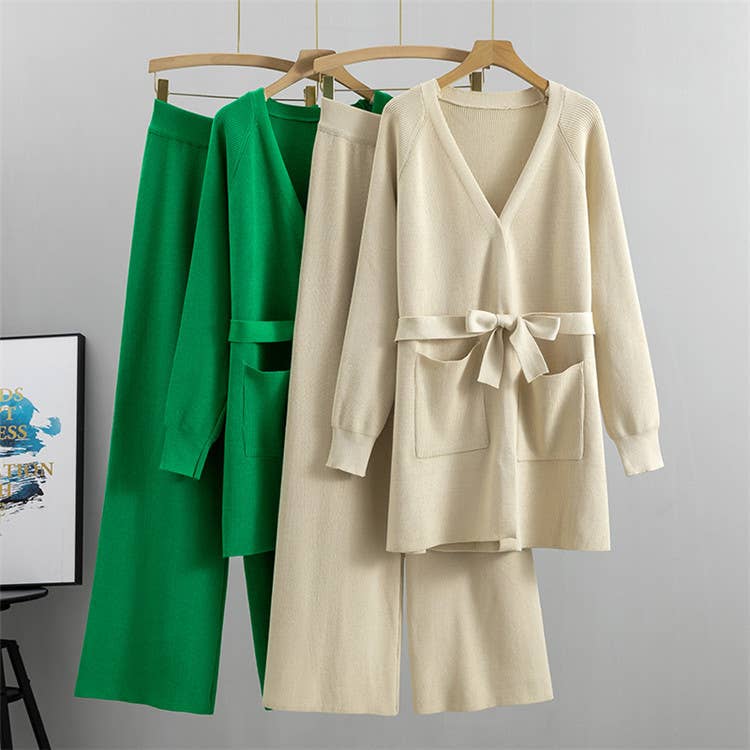 Tie Waist Long Cardigan And Wide Leg Pant Set