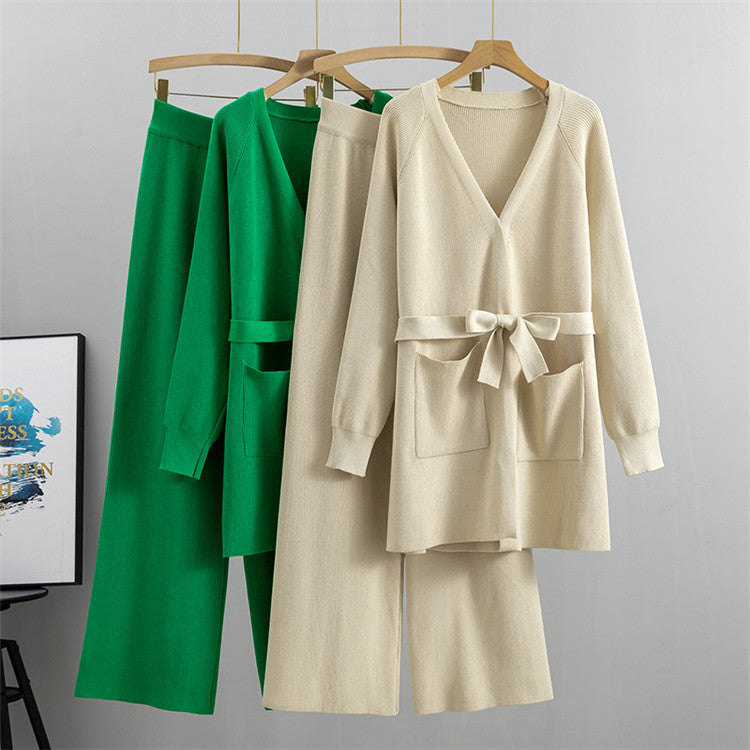 Tie Waist Long Cardigan And Wide Leg Pant Set - view 1