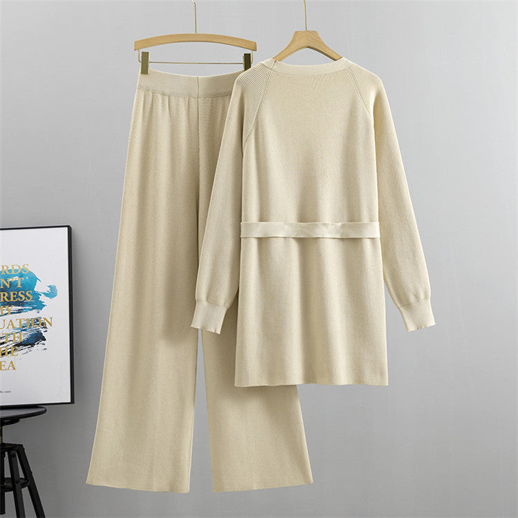 Tie Waist Long Cardigan And Wide Leg Pant Set - view 4