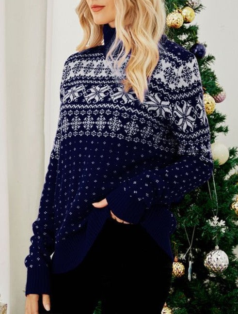 Snowflake Fair Isle Turtleneck Knit Top - Navyblue - 1