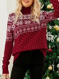 Snowflake Fair Isle Turtleneck Knit Top - Red