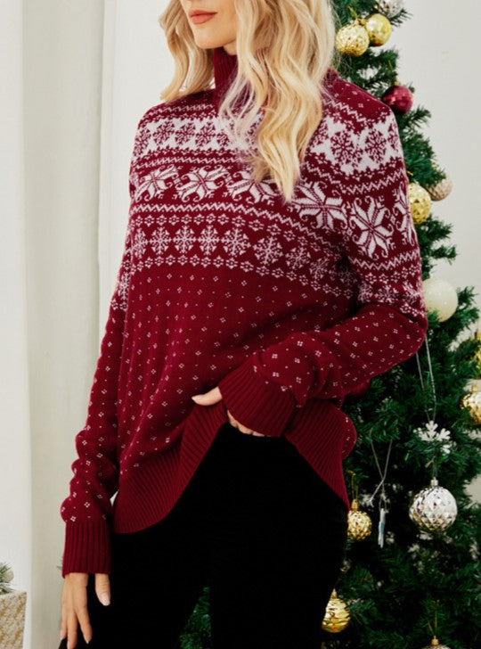 Snowflake Fair Isle Turtleneck Knit Top - Red - 1