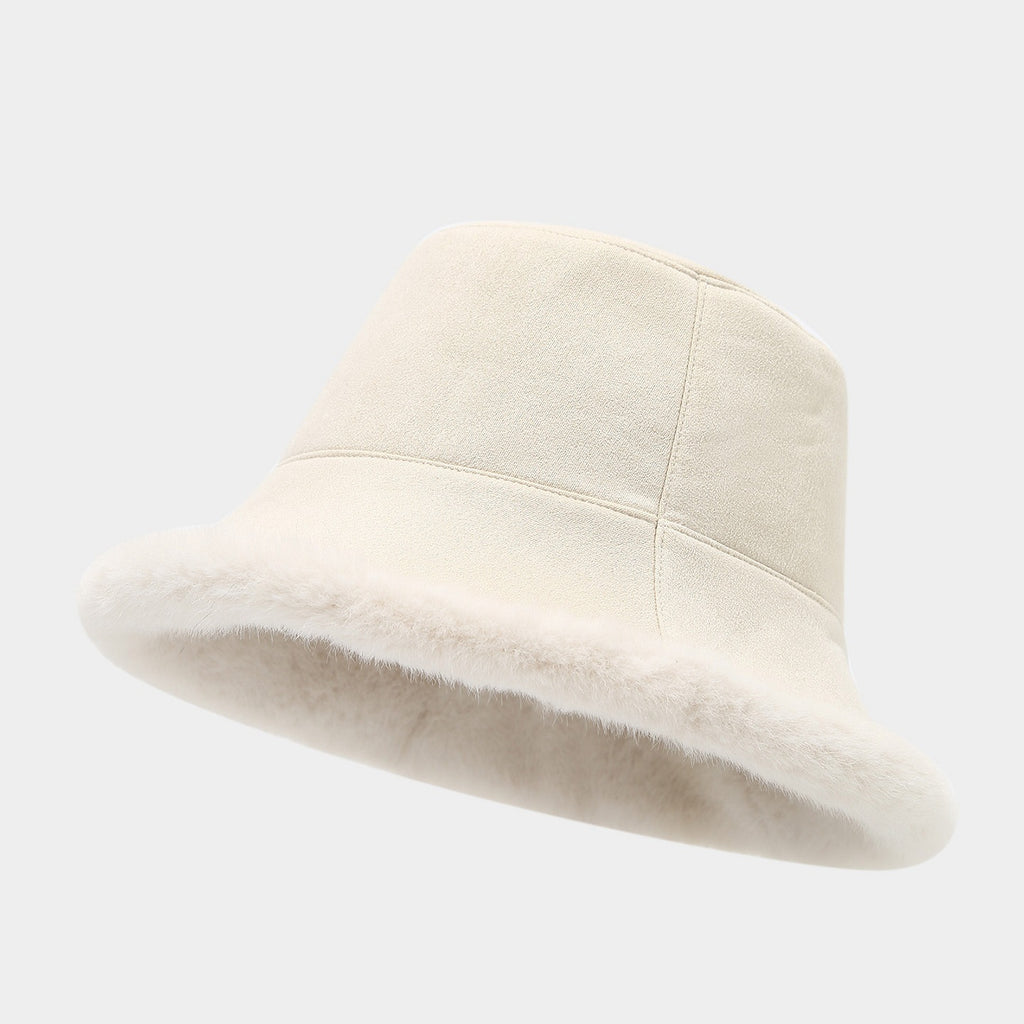 Faux Suede Bucket Hat With Fur Brim - Beige