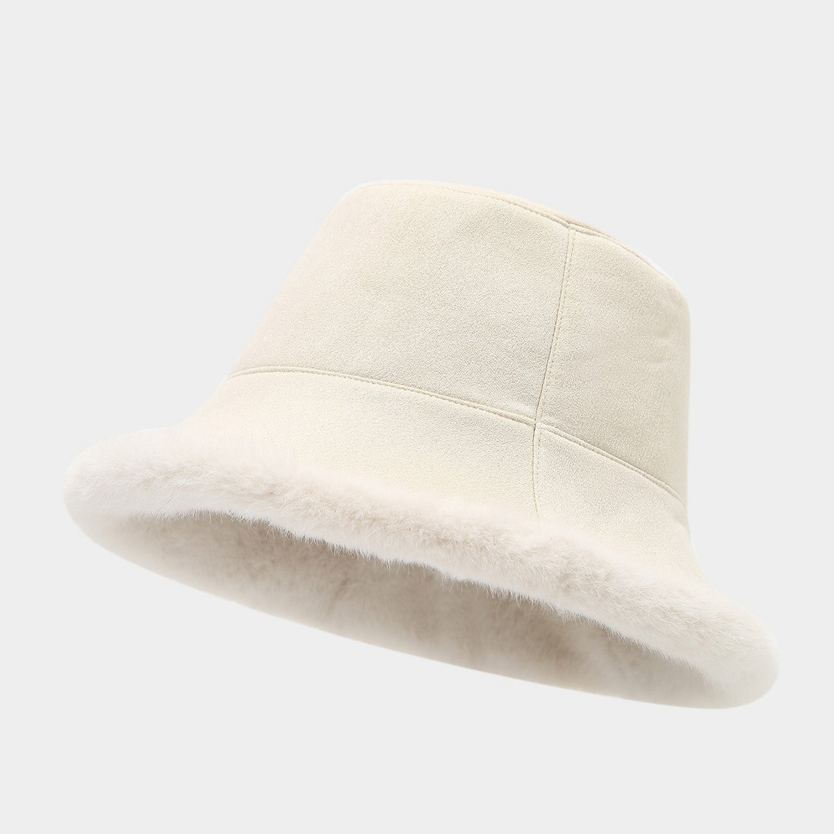 Faux Suede Bucket Hat With Fur Brim - Beige