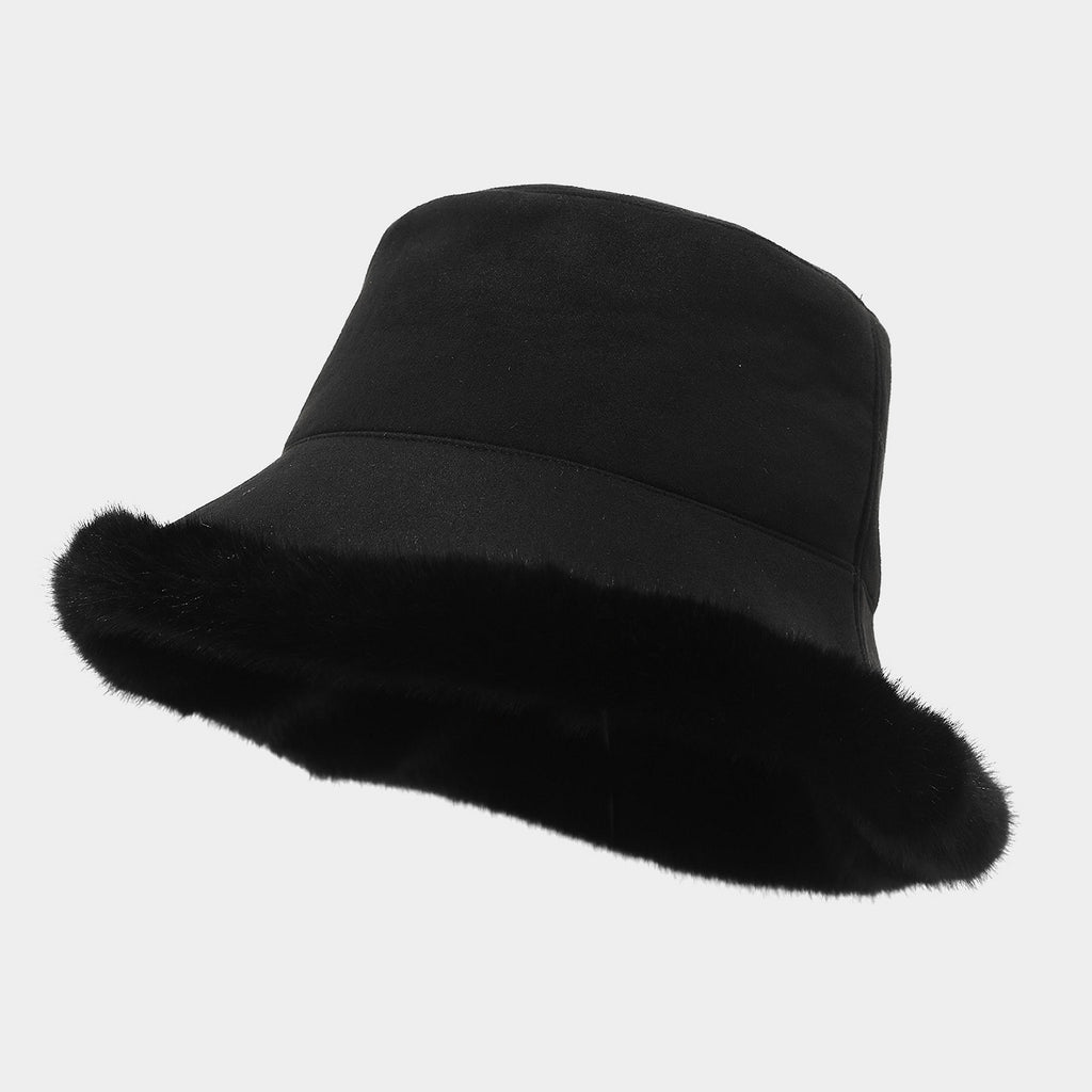 Faux Suede Bucket Hat With Fur Brim - Black