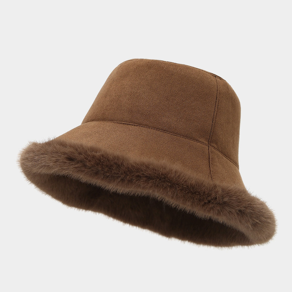 Faux Suede Bucket Hat With Fur Brim - Brown