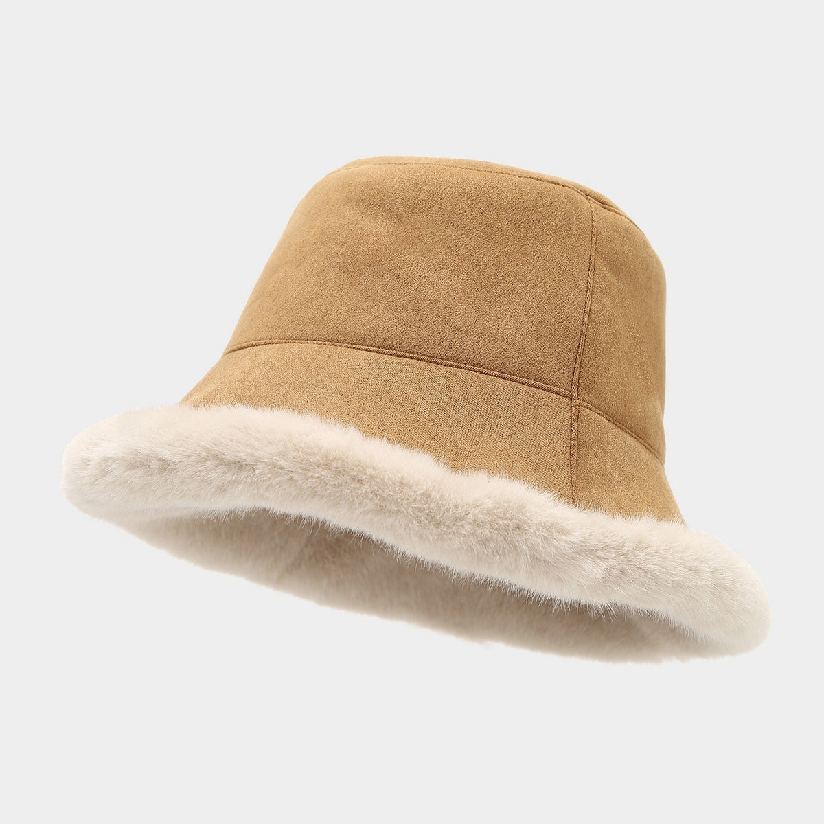 Faux Suede Bucket Hat With Fur Brim - Khaki