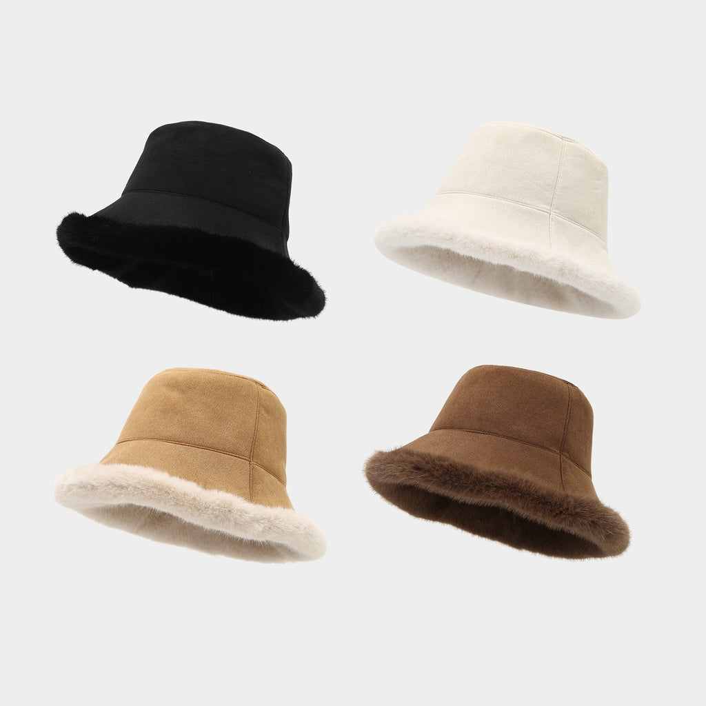 Faux Suede Bucket Hat With Fur Brim