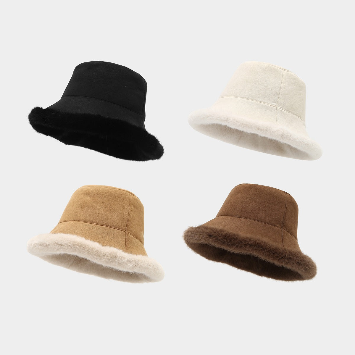 Faux Suede Bucket Hat With Fur Brim