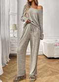 V Neck Ribbed Long Sleeve Pajama Set - Khaki
