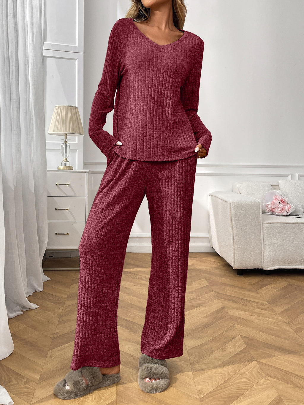 V Neck Ribbed Long Sleeve Pajama Set - Winered