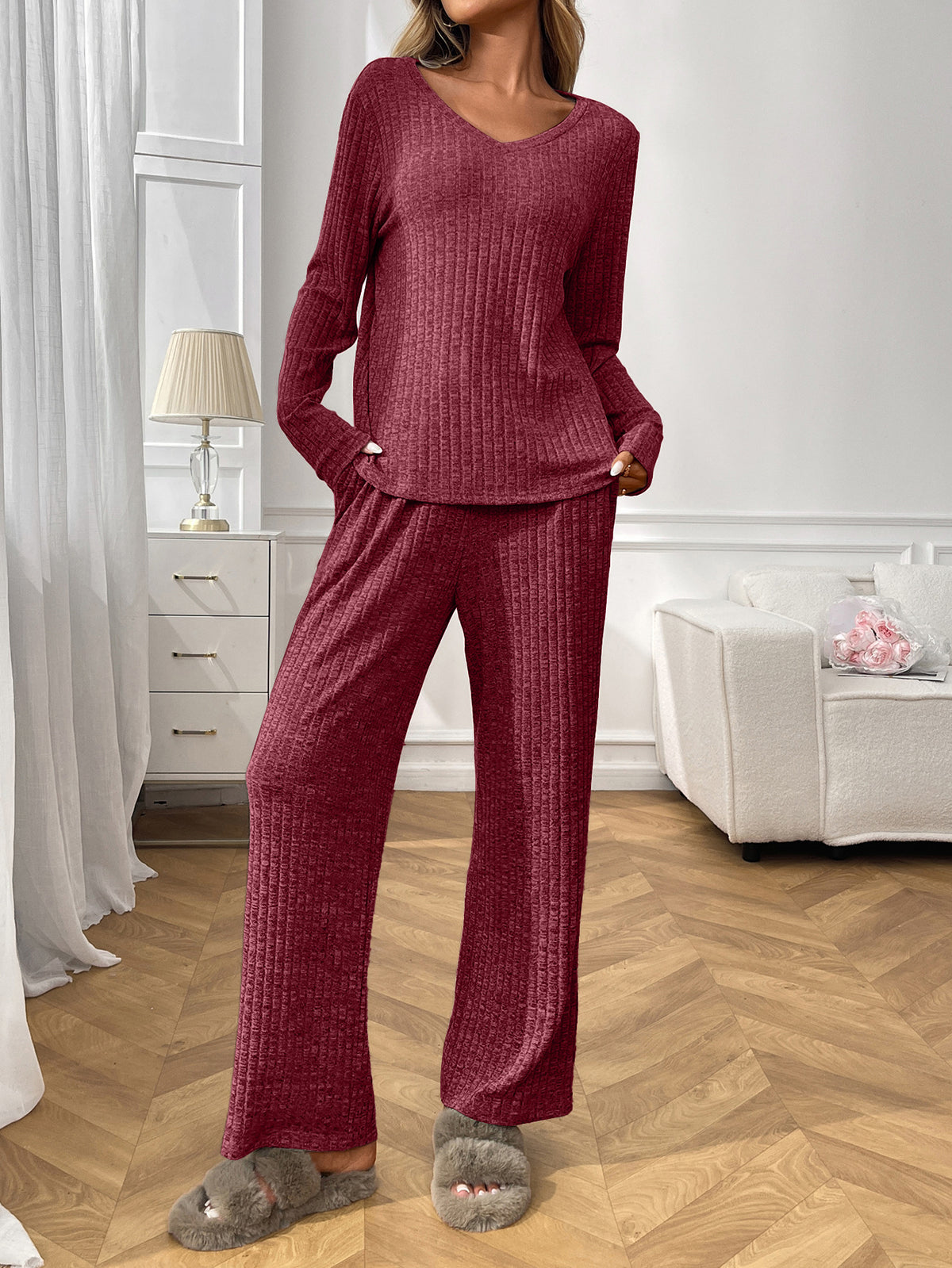 V Neck Ribbed Long Sleeve Pajama Set - Winered
