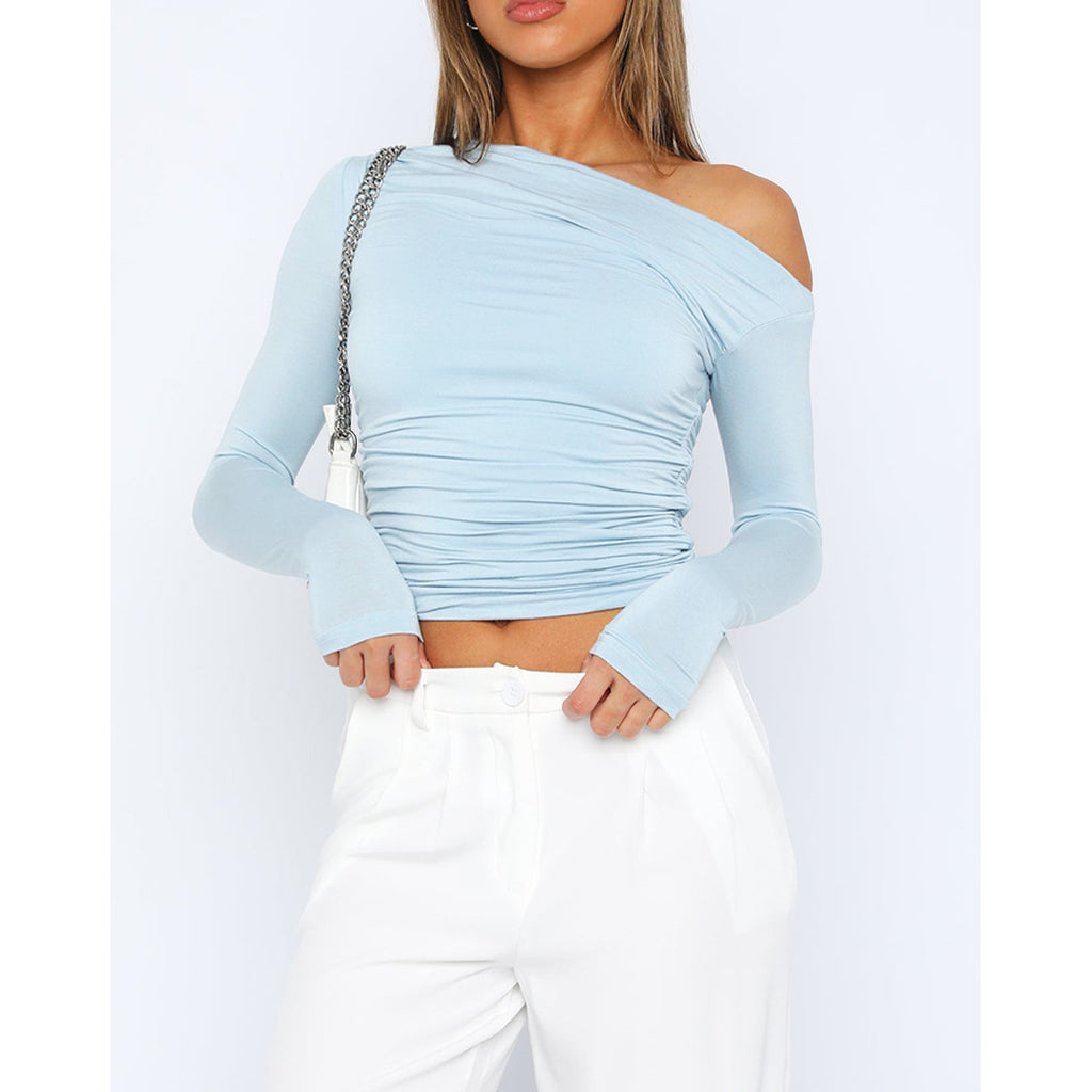 Asymmetric Draped Ruched Long Sleeve Top - Blue