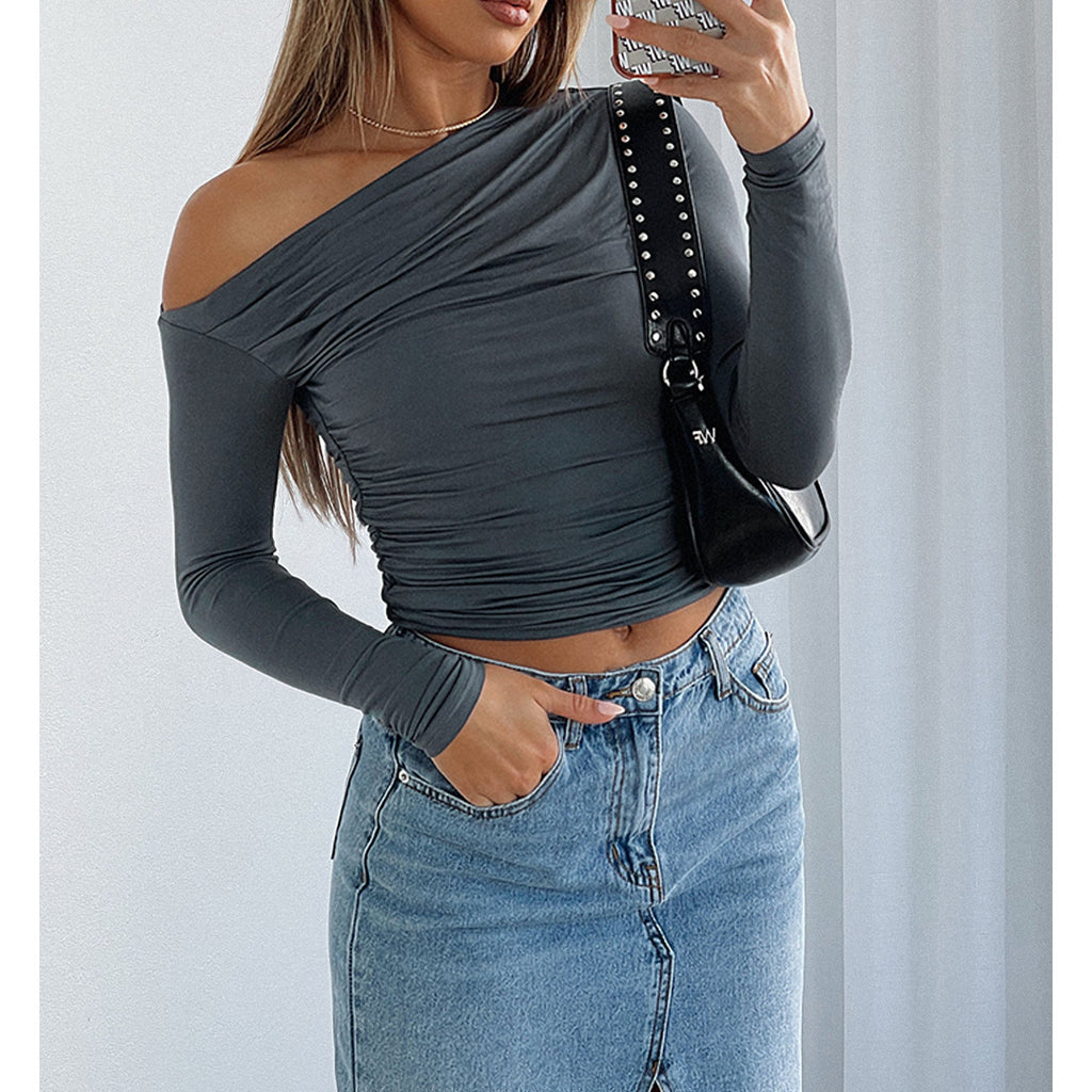Asymmetric Draped Ruched Long Sleeve Top - grey - 1