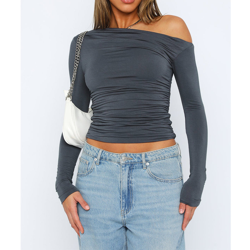 Asymmetric Draped Ruched Long Sleeve Top - grey - 2