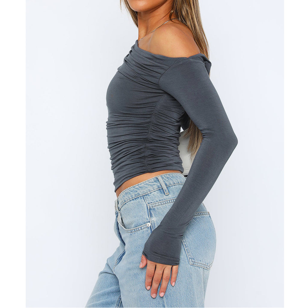Asymmetric Draped Ruched Long Sleeve Top - grey - 3