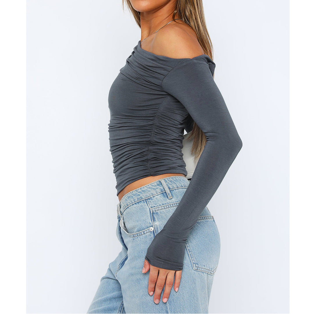 Asymmetric Draped Ruched Long Sleeve Top - grey - 3