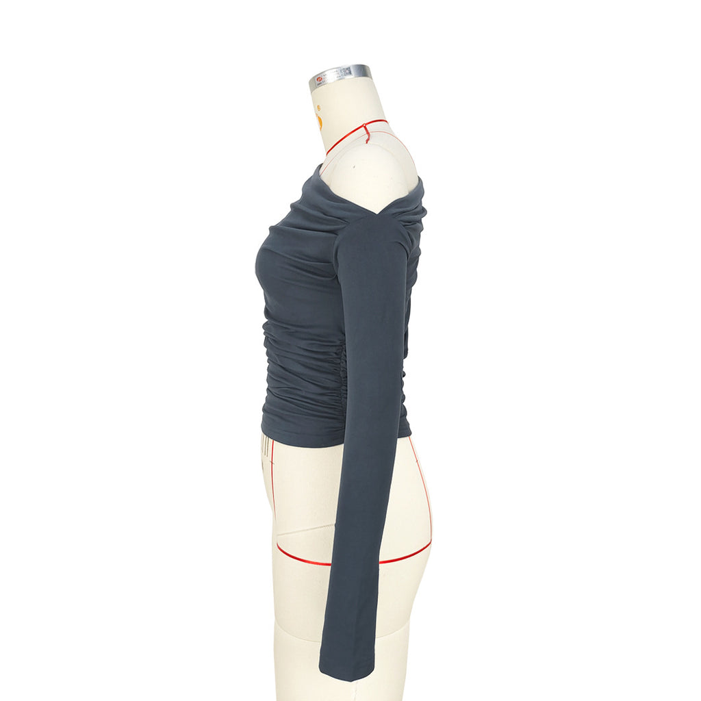 Asymmetric Draped Ruched Long Sleeve Top - grey - 4
