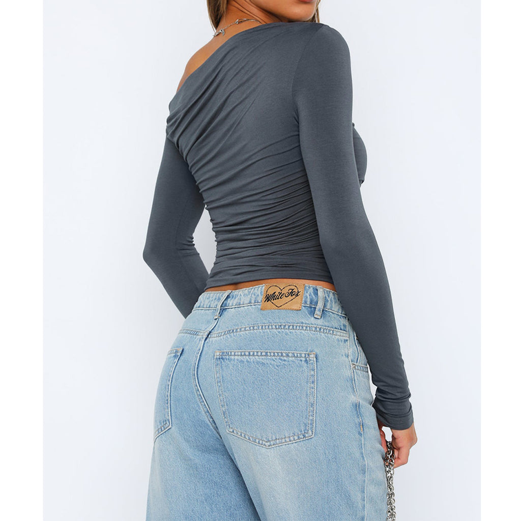 Asymmetric Draped Ruched Long Sleeve Top - grey - 5