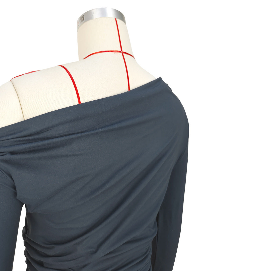 Asymmetric Draped Ruched Long Sleeve Top - grey - 7