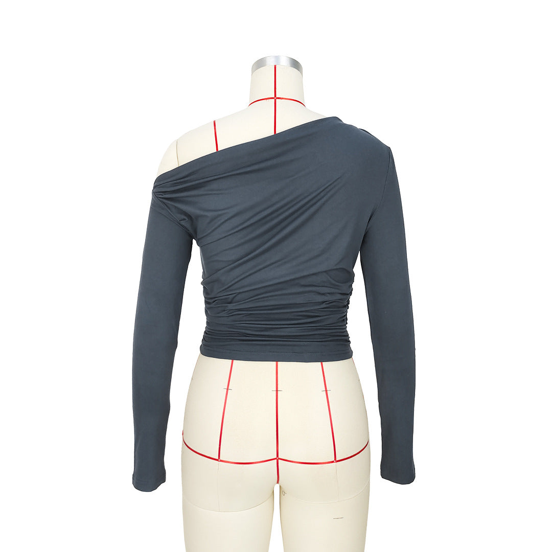 Asymmetric Draped Ruched Long Sleeve Top - grey - 8