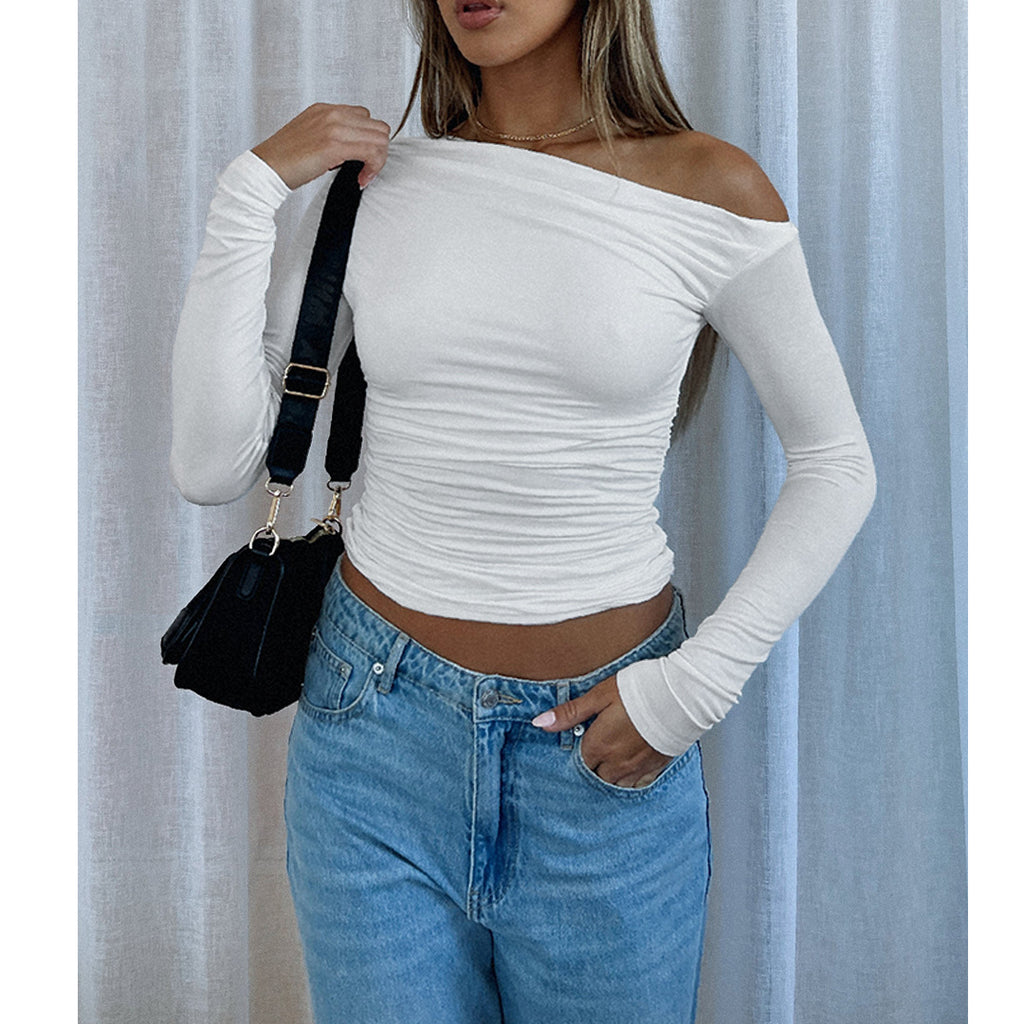 Asymmetric Draped Ruched Long Sleeve Top - white