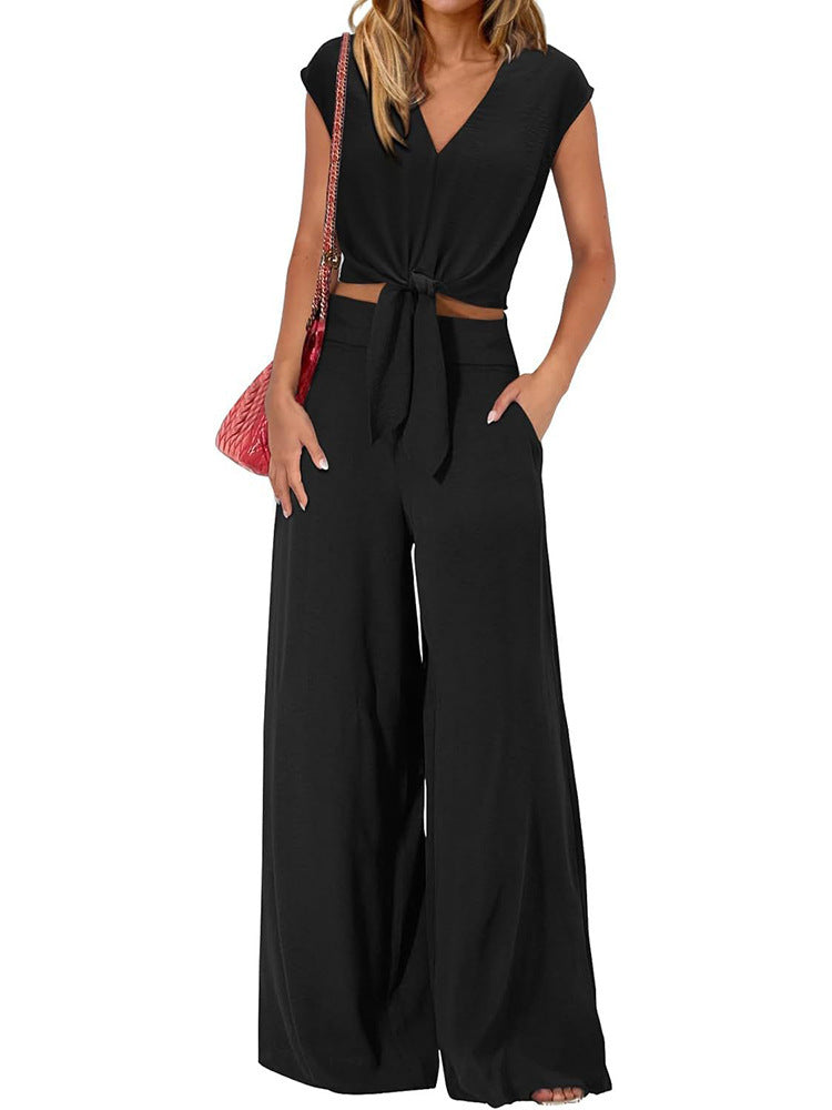 Twist Front Crop Top Wide Leg Pants Set - Black