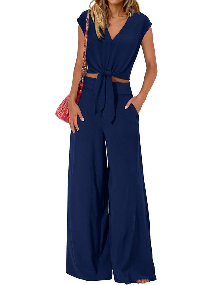 Twist Front Crop Top Wide Leg Pants Set - Dark-Blue