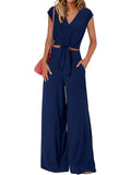 Twist Front Crop Top Wide Leg Pants Set - Dark-Blue