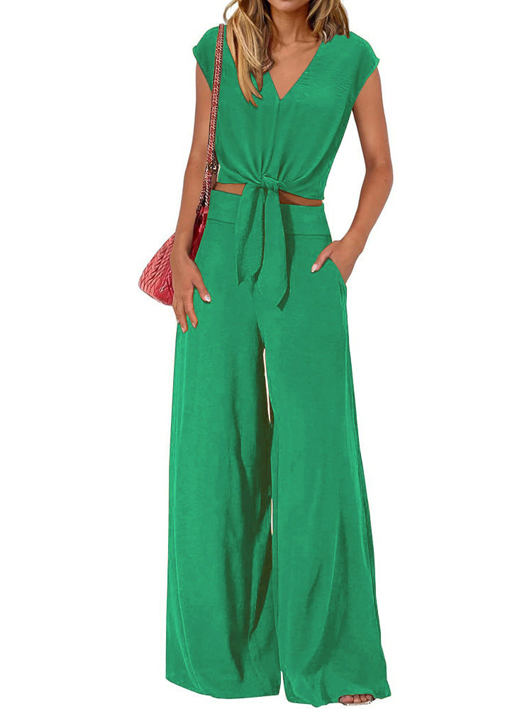 Twist Front Crop Top Wide Leg Pants Set - Green