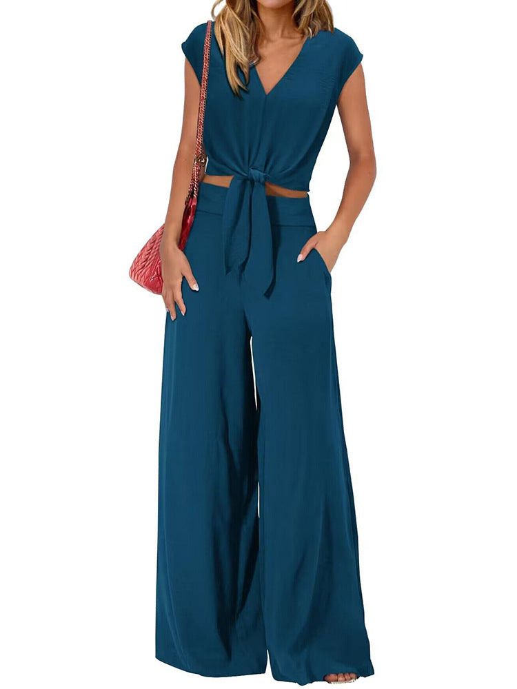 Twist Front Crop Top Wide Leg Pants Set - Navy-Blue - 1