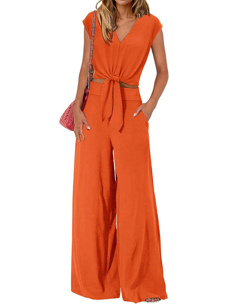 Twist Front Crop Top Wide Leg Pants Set - Orange