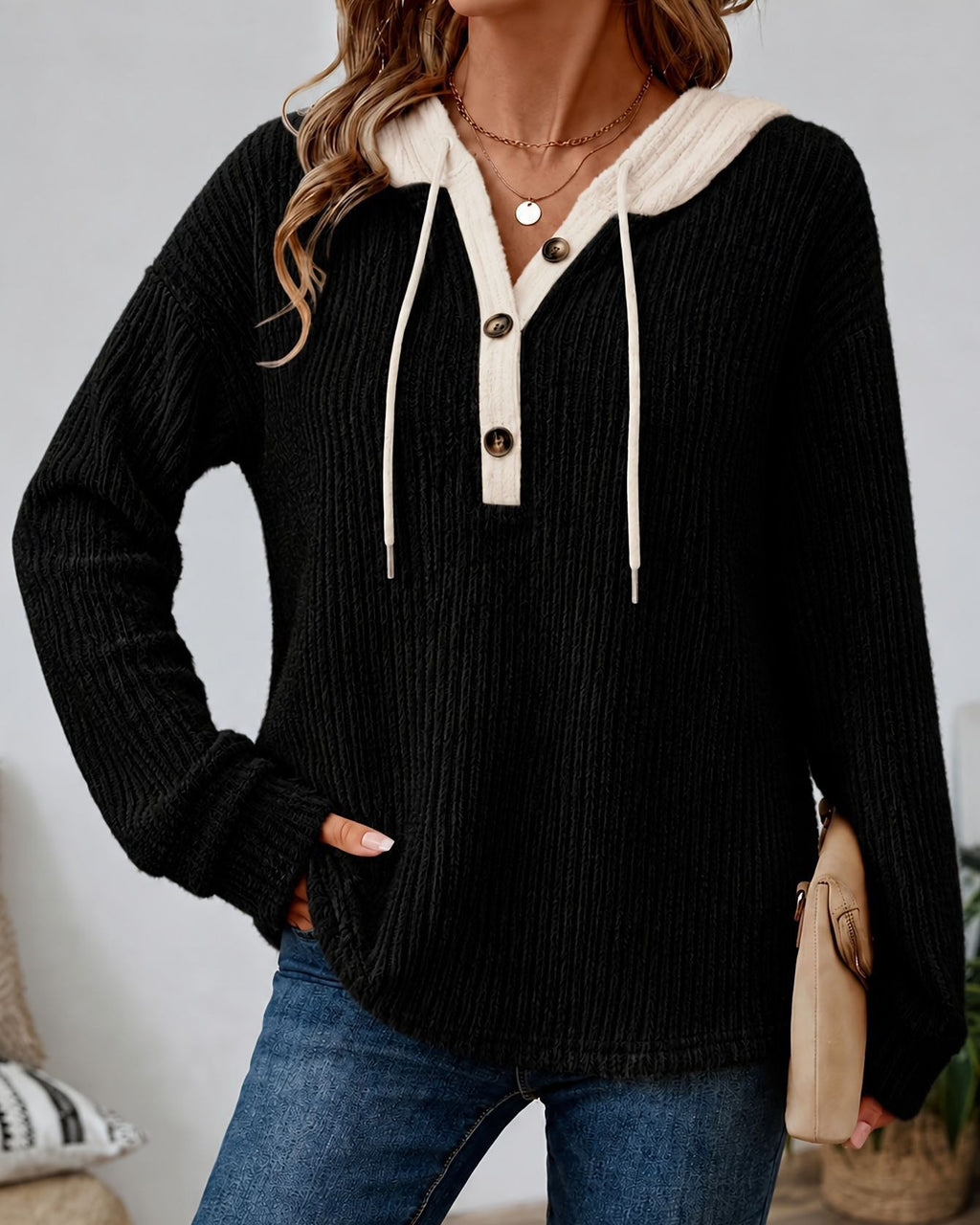 Waffle Knit Henley Hoodie With Drawstring - Black