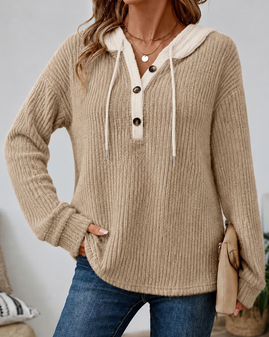 Waffle Knit Henley Hoodie With Drawstring - Khaki