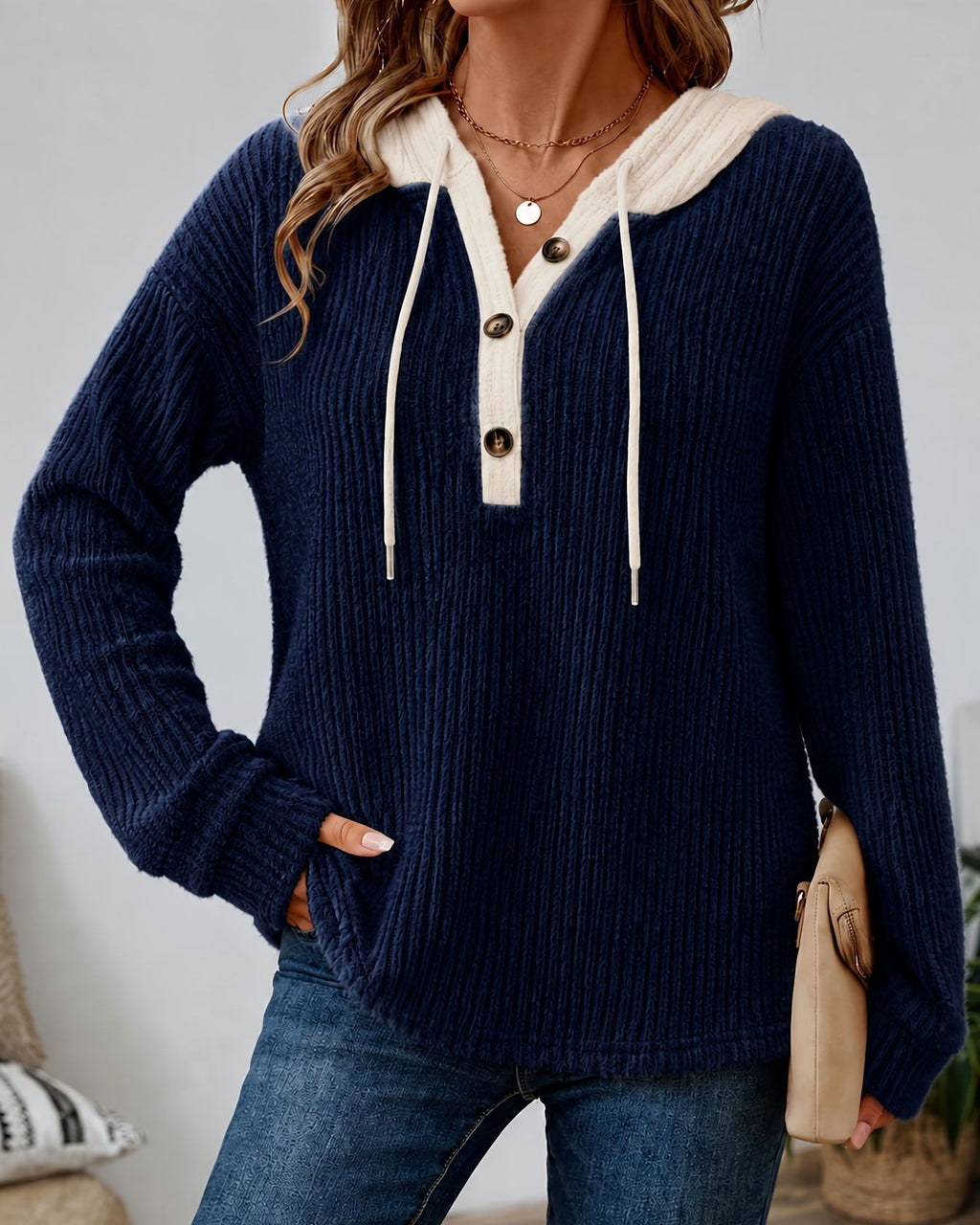 Waffle Knit Henley Hoodie With Drawstring - Navy-Blue