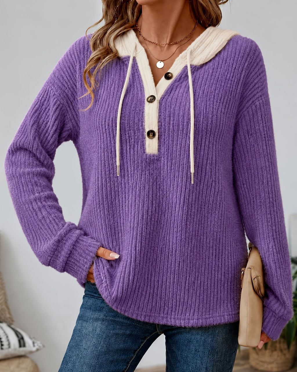 Waffle Knit Henley Hoodie With Drawstring - Purple