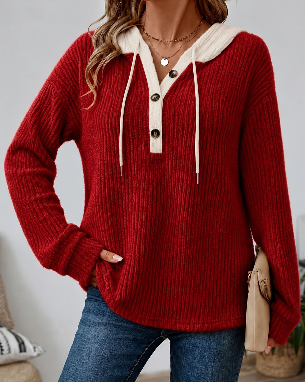 Waffle Knit Henley Hoodie With Drawstring - Red