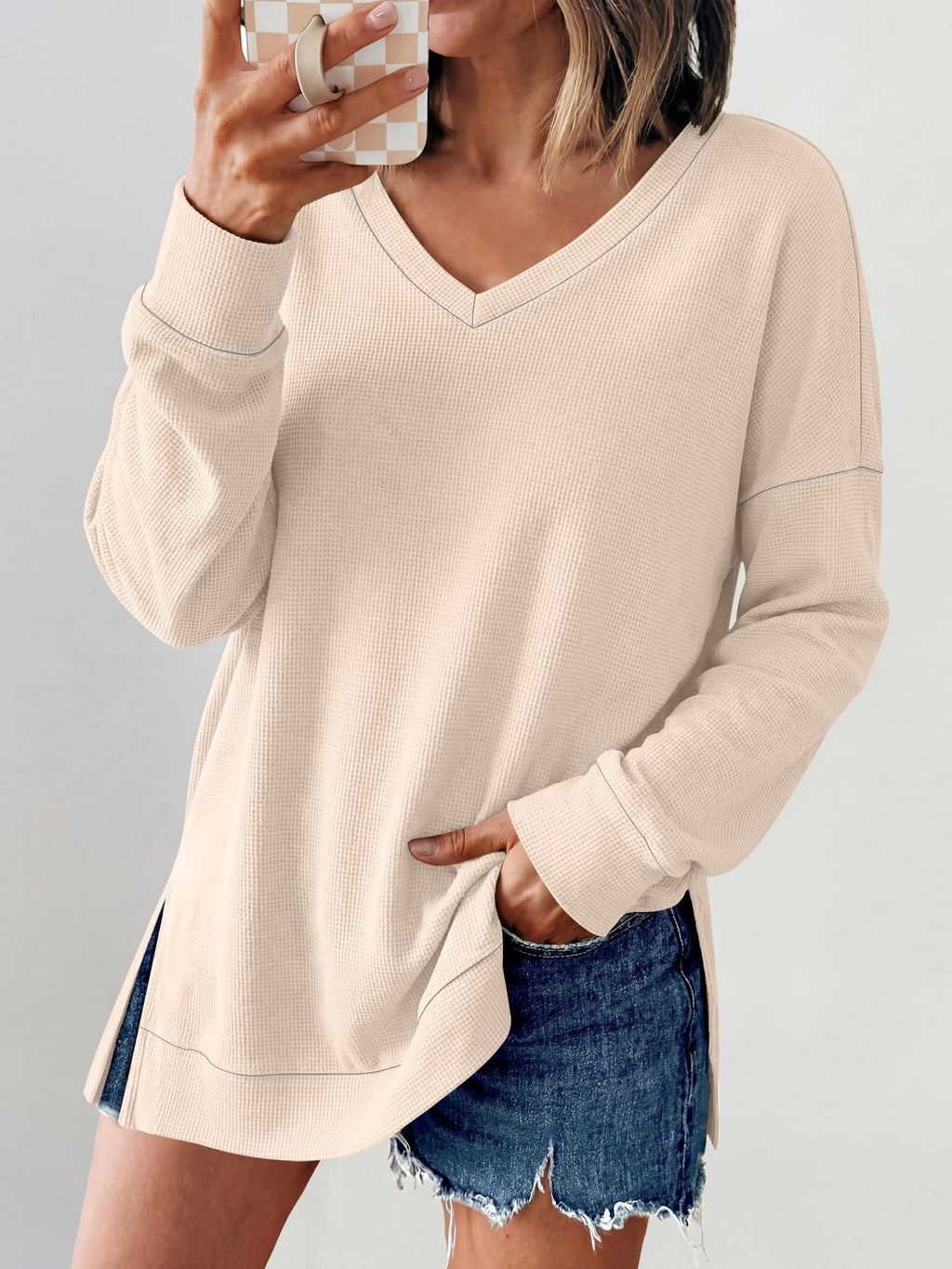 Waffle Knit V Neck Blouse With Side Slits - Apricot