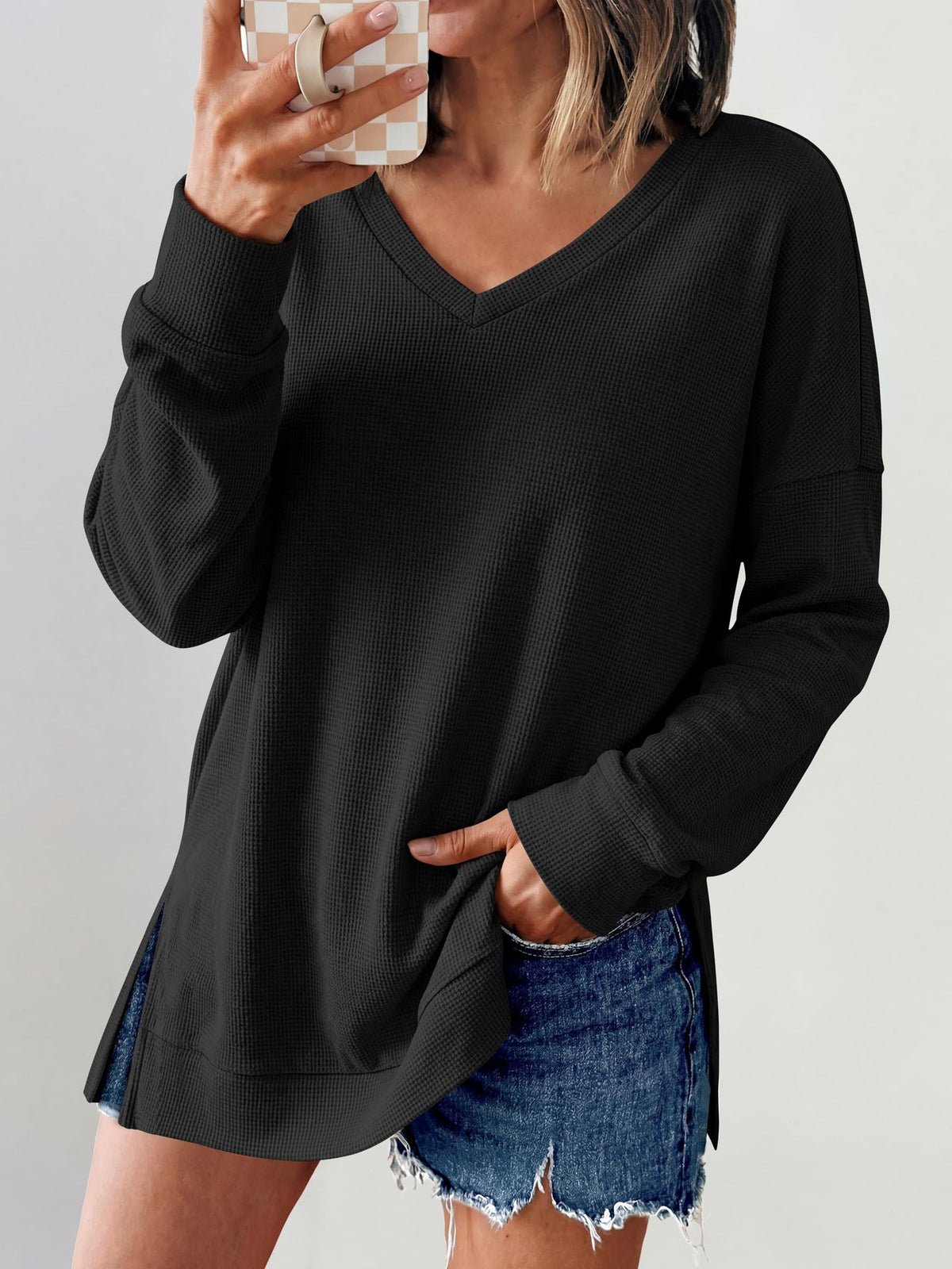 Waffle Knit V Neck Blouse With Side Slits - Black